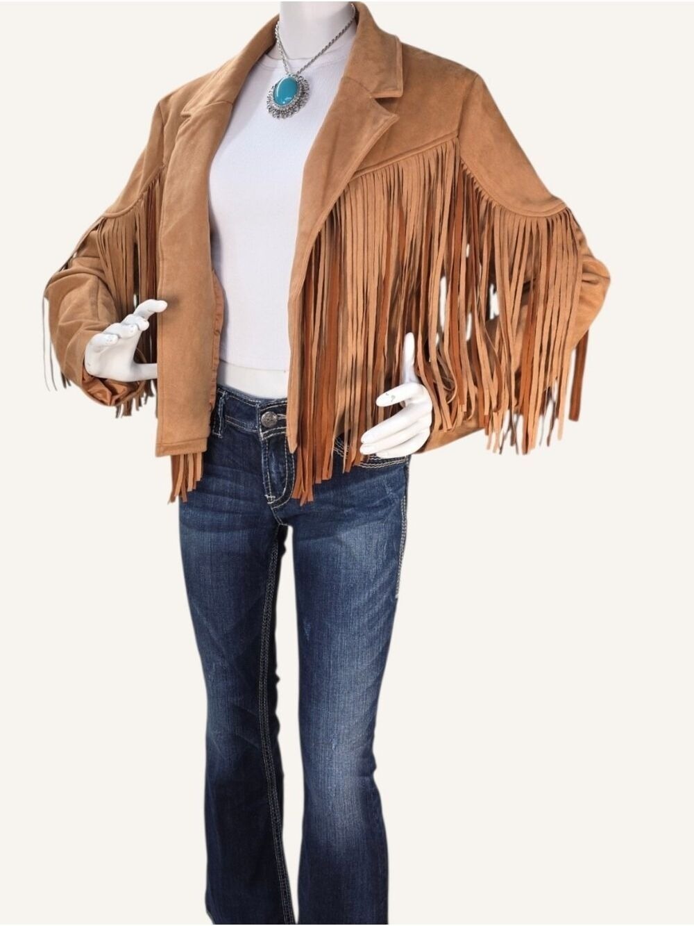 Umgee Winona Camel Faux Suede Fringe Cropped Western Jacket Medium NWT - Picture 3 of 10